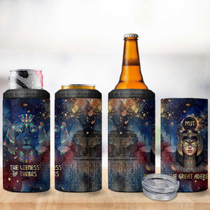 Mut 4 in 1 Can Cooler Tumbler The Lioness of Thebes Egyptian Goddess Cosmic Crown Adorned Warrior Queen Design