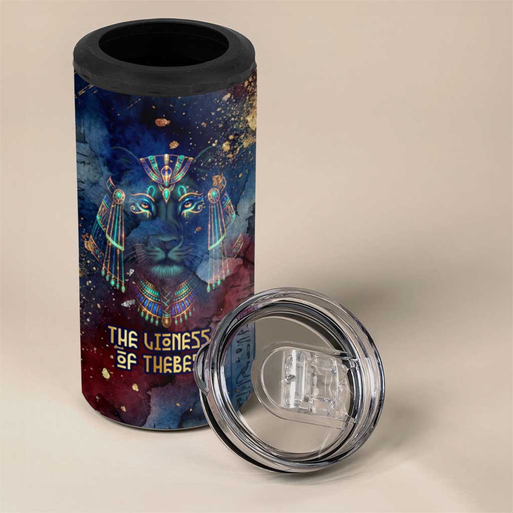 Mut 4 in 1 Can Cooler Tumbler The Lioness of Thebes Egyptian Goddess Cosmic Crown Adorned Warrior Queen Design
