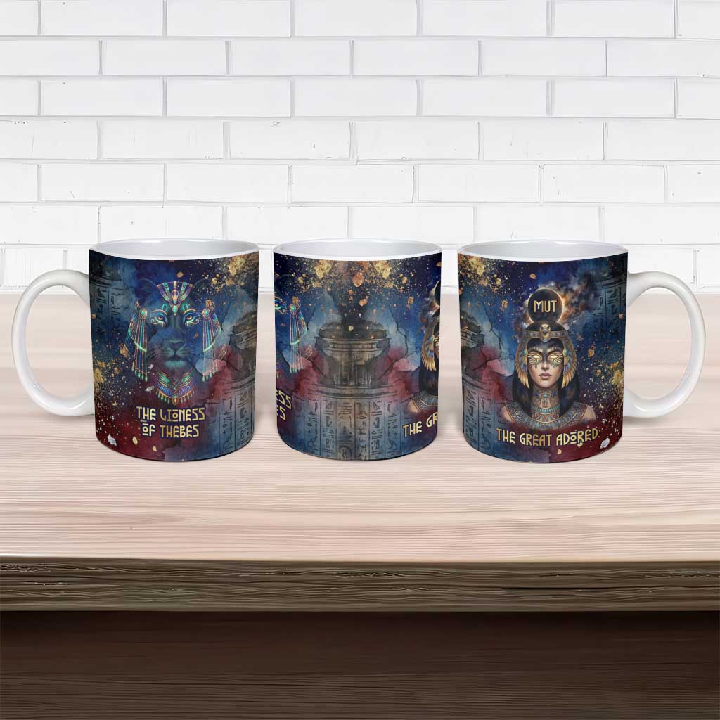 Mut Ceramic Mug The Lioness of Thebes Egyptian Goddess Cosmic Crown Adorned Warrior Queen Design