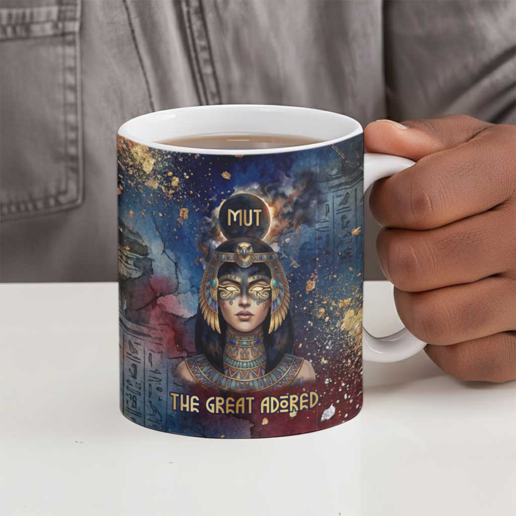 Mut Ceramic Mug The Lioness of Thebes Egyptian Goddess Cosmic Crown Adorned Warrior Queen Design