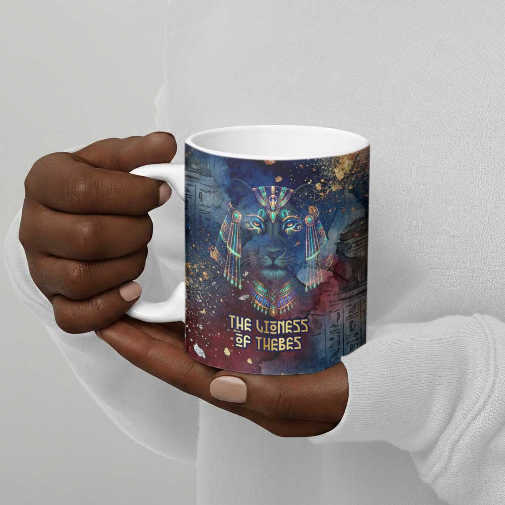 Mut Ceramic Mug The Lioness of Thebes Egyptian Goddess Cosmic Crown Adorned Warrior Queen Design