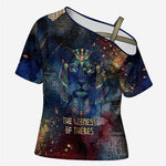 Mut Cross Shoulder Shirt The Lioness of Thebes Egyptian Goddess Cosmic Crown Adorned Warrior Queen Design