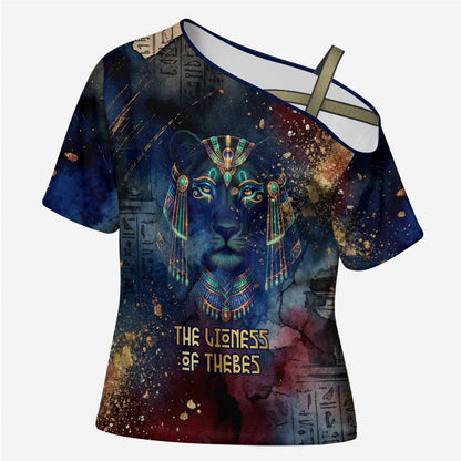 Mut Cross Shoulder Shirt The Lioness of Thebes Egyptian Goddess Cosmic Crown Adorned Warrior Queen Design