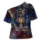 Mut Cross Shoulder Shirt The Lioness of Thebes Egyptian Goddess Cosmic Crown Adorned Warrior Queen Design