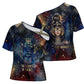 Mut Cross Shoulder Shirt The Lioness of Thebes Egyptian Goddess Cosmic Crown Adorned Warrior Queen Design