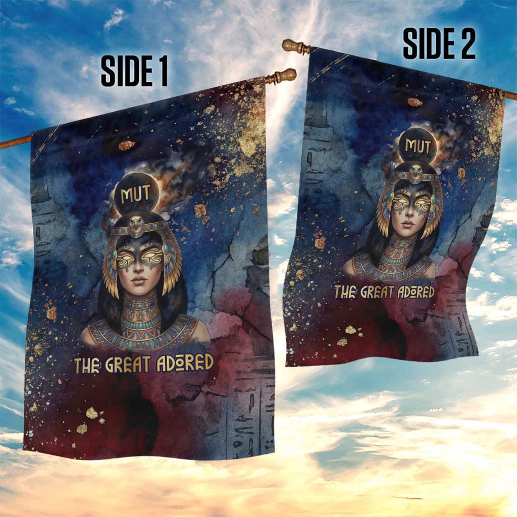 Mut Garden Flag The Lioness of Thebes Egyptian Goddess Cosmic Crown Adorned Warrior Queen Design