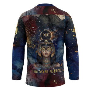 Mut Hockey Jersey The Lioness of Thebes Egyptian Goddess Cosmic Crown Adorned Warrior Queen Design