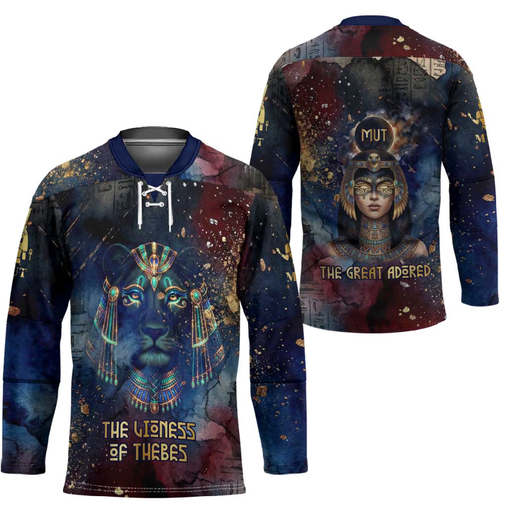 Mut Hockey Jersey The Lioness of Thebes Egyptian Goddess Cosmic Crown Adorned Warrior Queen Design