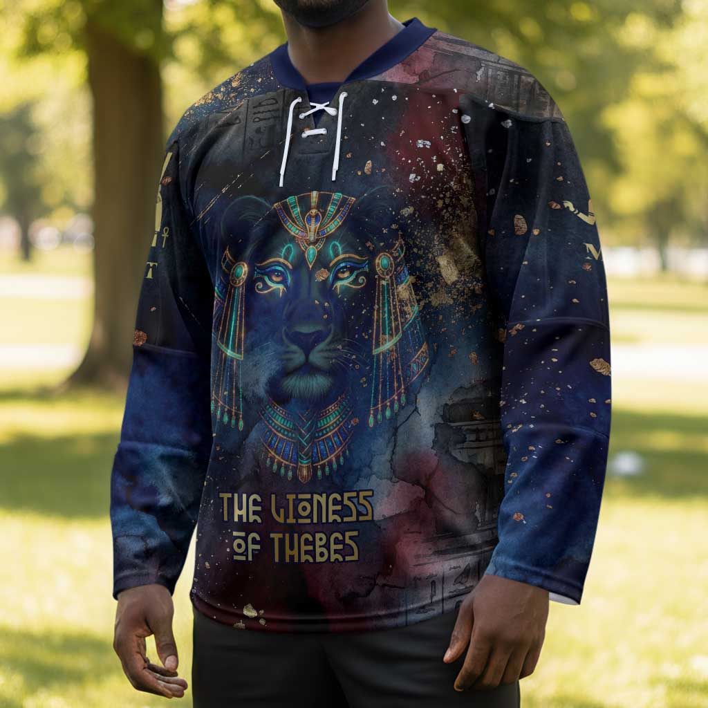Mut Hockey Jersey The Lioness of Thebes Egyptian Goddess Cosmic Crown Adorned Warrior Queen Design