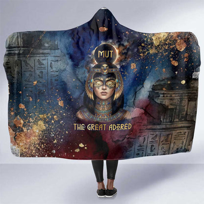 Mut Hooded Blanket The Lioness of Thebes Egyptian Goddess Cosmic Crown Adorned Warrior Queen Design