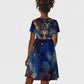 Mut Kid Short Sleeve Dress The Lioness of Thebes Egyptian Goddess Cosmic Crown Adorned Warrior Queen Design