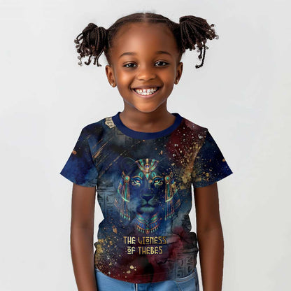 Mut Kid T shirt The Lioness of Thebes Egyptian Goddess Cosmic Crown Adorned Warrior Queen Design