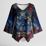 Mut Kimono Sleeve Blouse The Lioness of Thebes Egyptian Goddess Cosmic Crown Adorned Warrior Queen Design