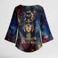 Mut Kimono Sleeve Blouse The Lioness of Thebes Egyptian Goddess Cosmic Crown Adorned Warrior Queen Design