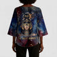 Mut Kimono Sleeve Blouse The Lioness of Thebes Egyptian Goddess Cosmic Crown Adorned Warrior Queen Design