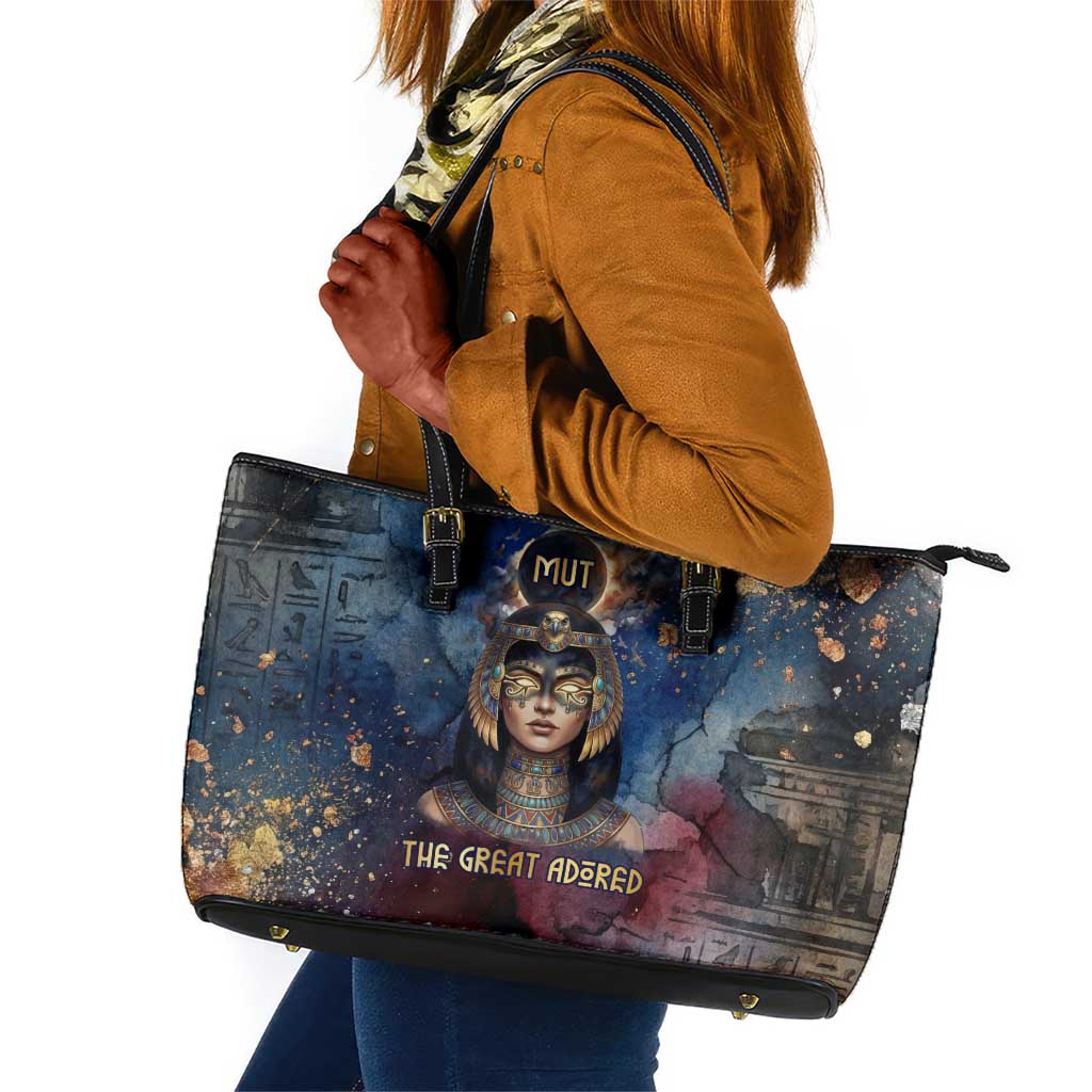 Mut Leather Tote Bag The Lioness of Thebes Egyptian Goddess Cosmic Crown Adorned Warrior Queen Design