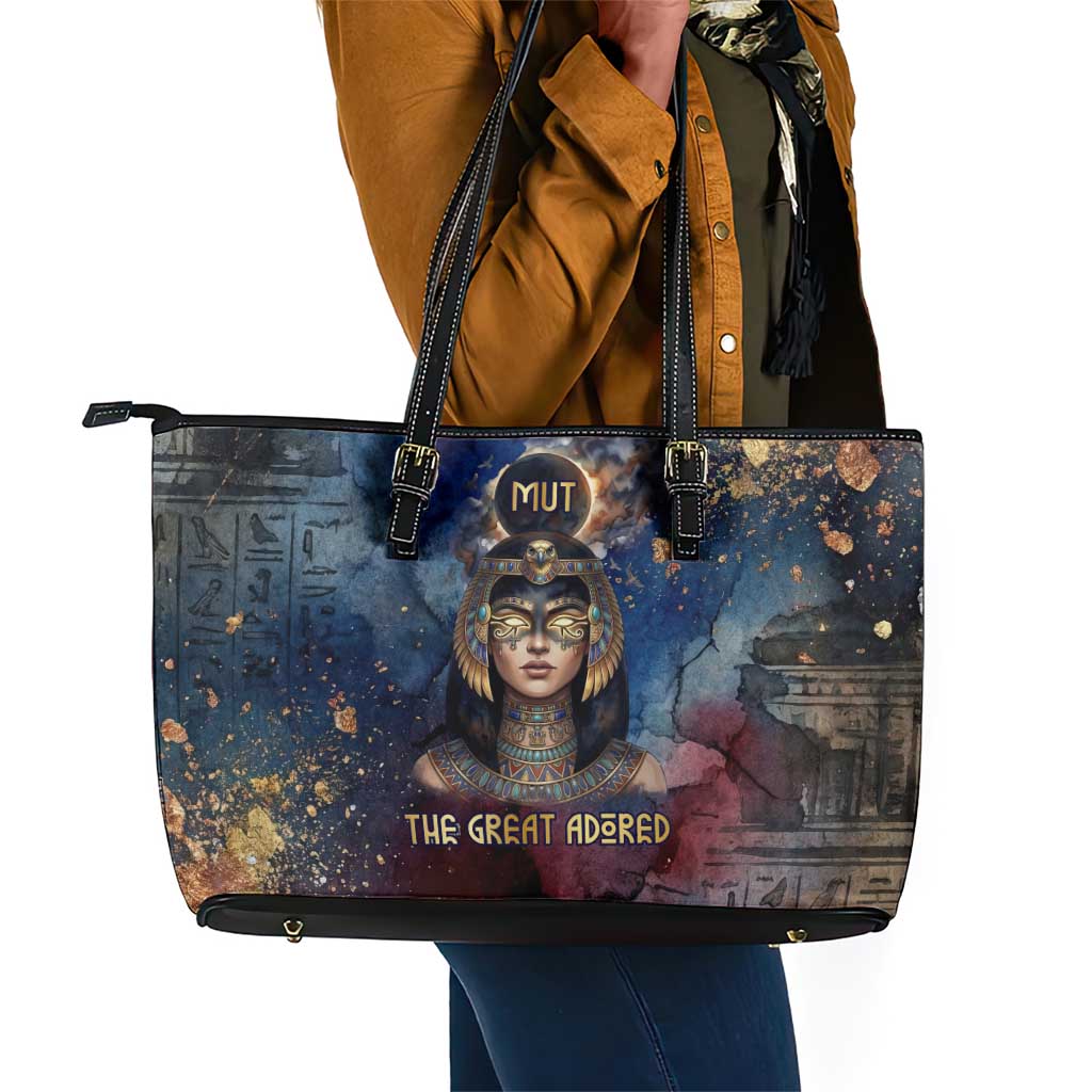 Mut Leather Tote Bag The Lioness of Thebes Egyptian Goddess Cosmic Crown Adorned Warrior Queen Design