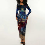 Mut Long Sleeve Bodycon Dress The Lioness of Thebes Egyptian Goddess Cosmic Crown Adorned Warrior Queen Design
