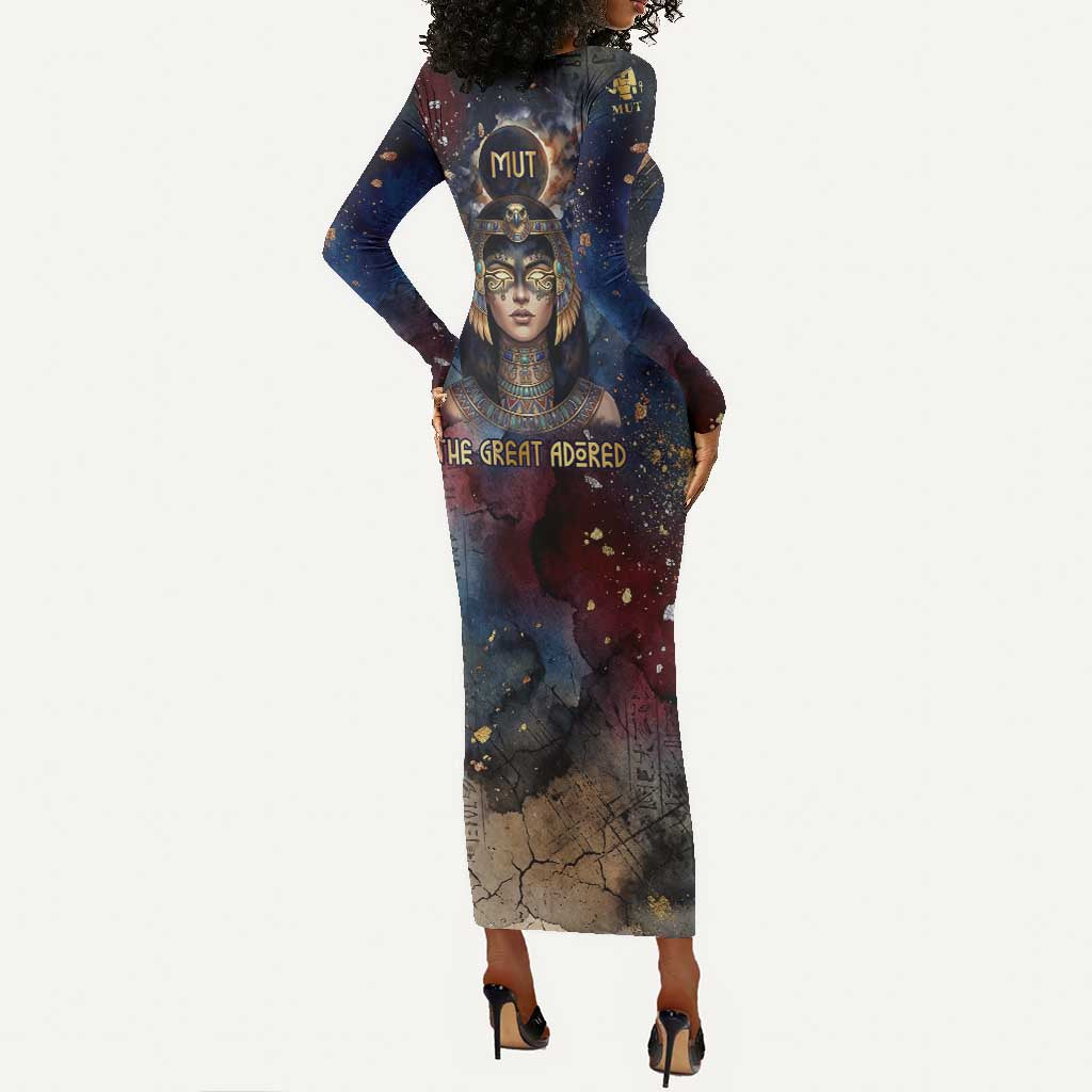Mut Long Sleeve Bodycon Dress The Lioness of Thebes Egyptian Goddess Cosmic Crown Adorned Warrior Queen Design