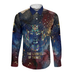 Mut Long Sleeve Button Shirt The Lioness of Thebes Egyptian Goddess Cosmic Crown Adorned Warrior Queen Design