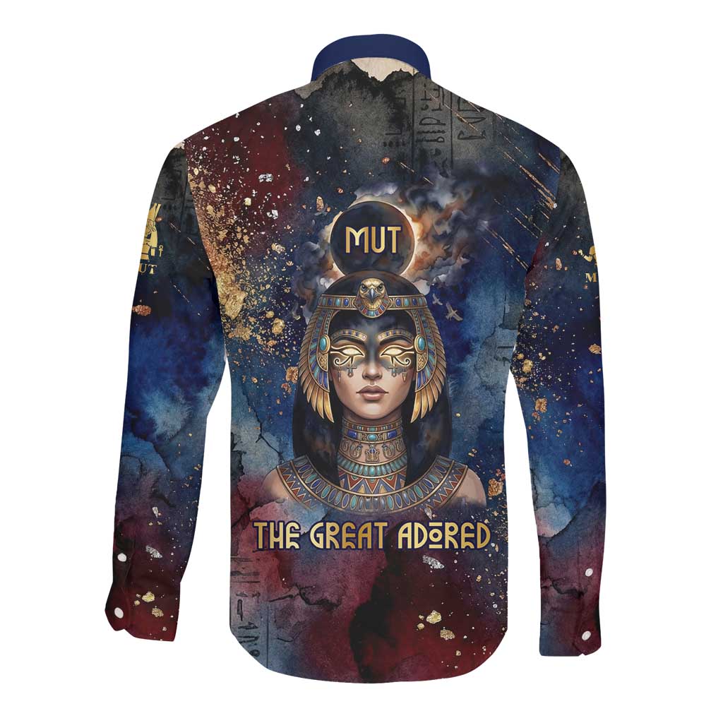 Mut Long Sleeve Button Shirt The Lioness of Thebes Egyptian Goddess Cosmic Crown Adorned Warrior Queen Design