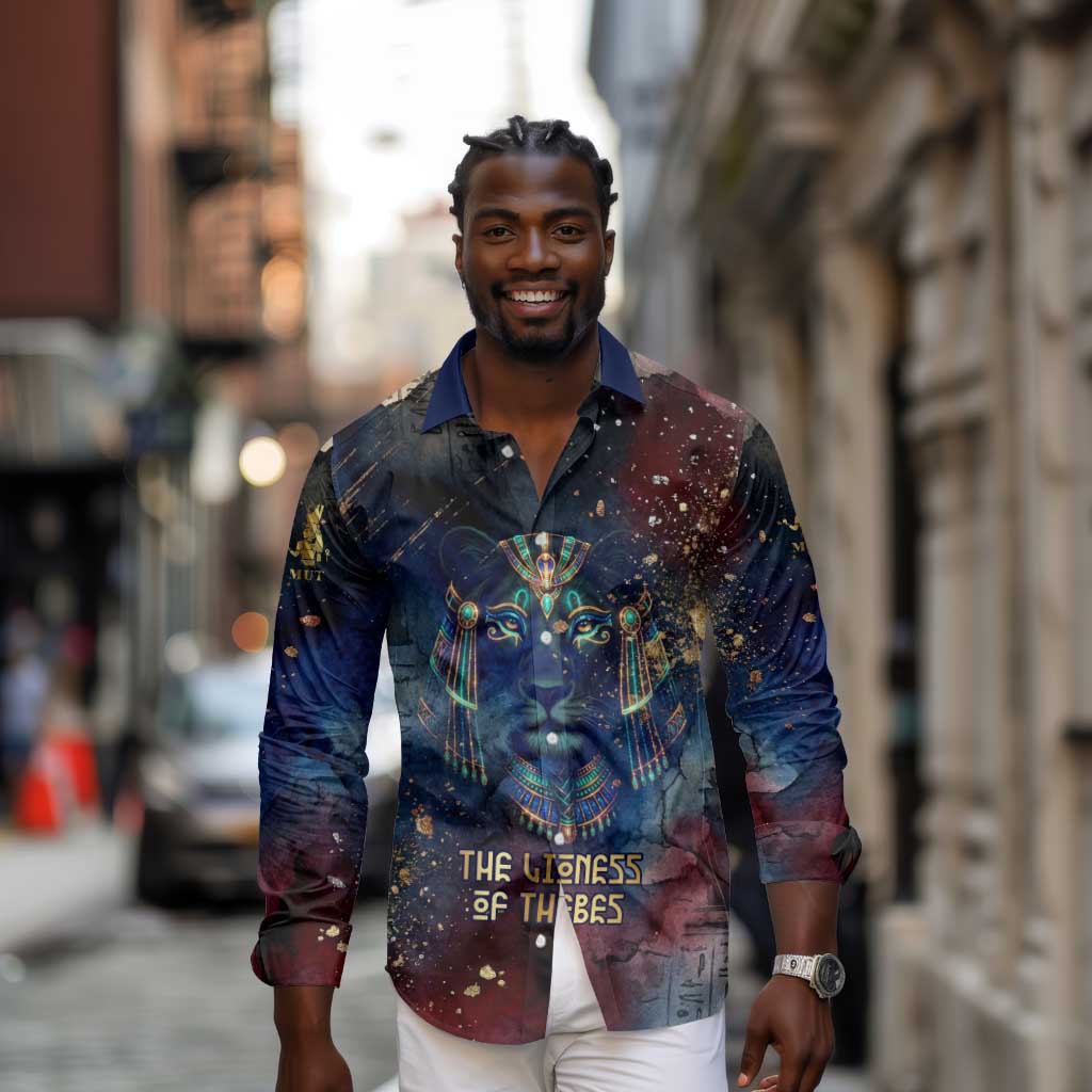 Mut Long Sleeve Button Shirt The Lioness of Thebes Egyptian Goddess Cosmic Crown Adorned Warrior Queen Design