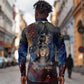 Mut Long Sleeve Button Shirt The Lioness of Thebes Egyptian Goddess Cosmic Crown Adorned Warrior Queen Design