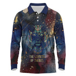 Mut Long Sleeve Polo Shirt The Lioness of Thebes Egyptian Goddess Cosmic Crown Adorned Warrior Queen Design