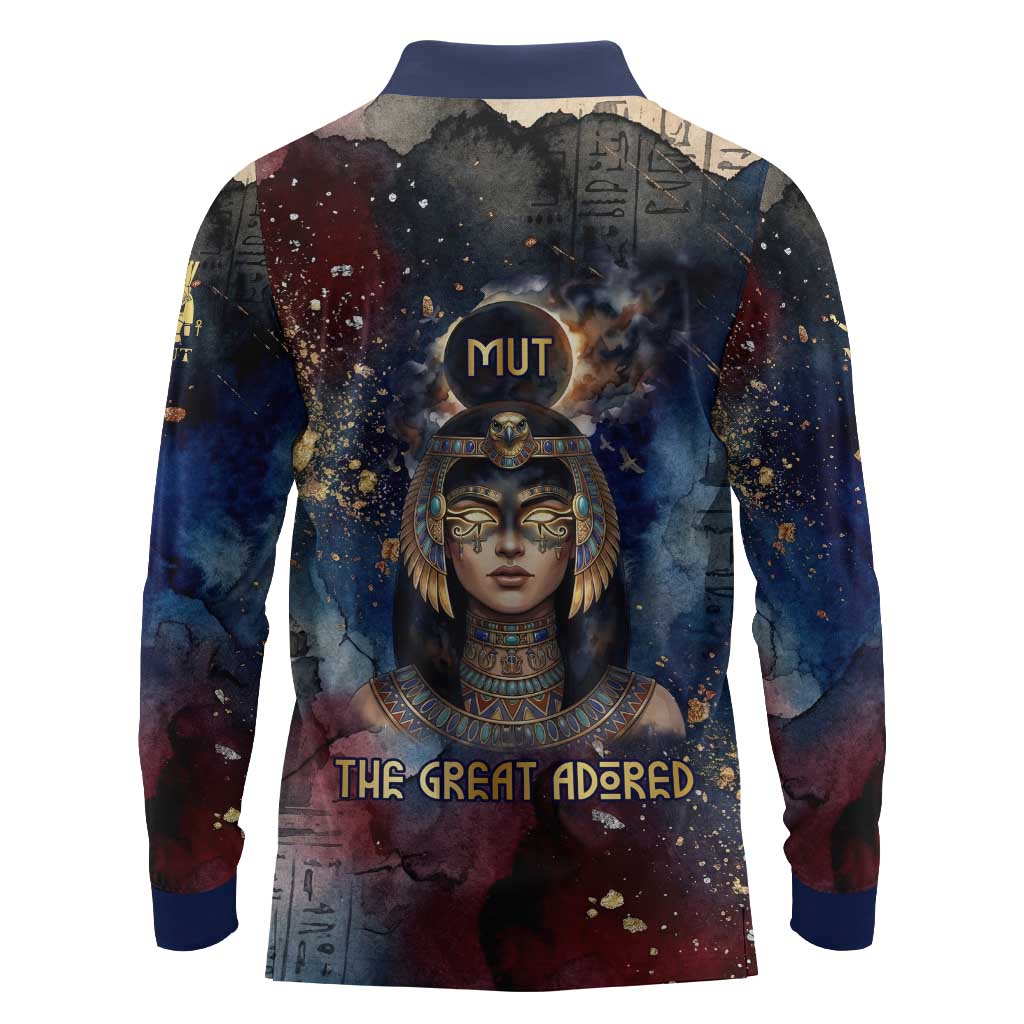 Mut Long Sleeve Polo Shirt The Lioness of Thebes Egyptian Goddess Cosmic Crown Adorned Warrior Queen Design