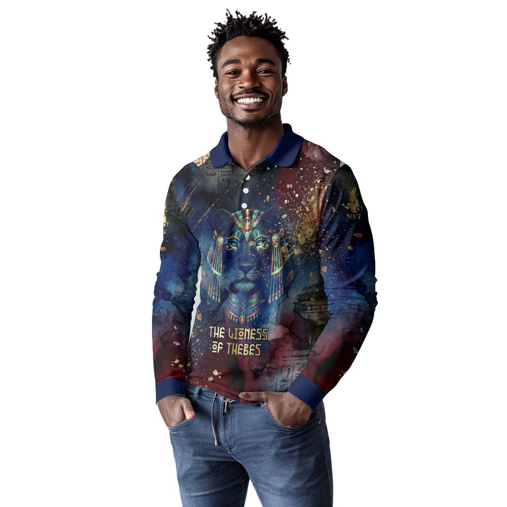 Mut Long Sleeve Polo Shirt The Lioness of Thebes Egyptian Goddess Cosmic Crown Adorned Warrior Queen Design