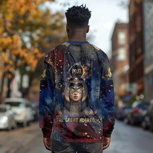 Mut Long Sleeve Shirt The Lioness of Thebes Egyptian Goddess Cosmic Crown Adorned Warrior Queen Design