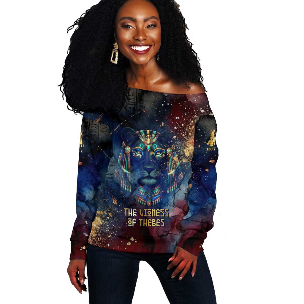 Mut Off Shoulder Sweater The Lioness of Thebes Egyptian Goddess Cosmic Crown Adorned Warrior Queen Design