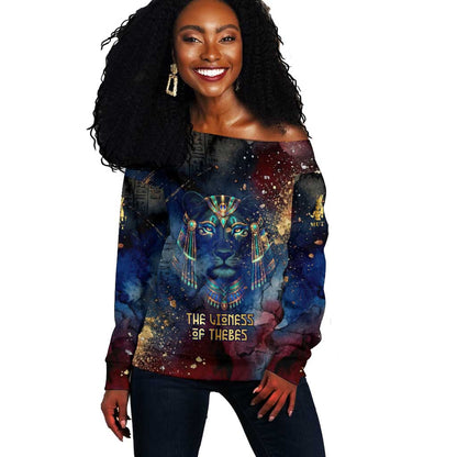 Mut Off Shoulder Sweater The Lioness of Thebes Egyptian Goddess Cosmic Crown Adorned Warrior Queen Design