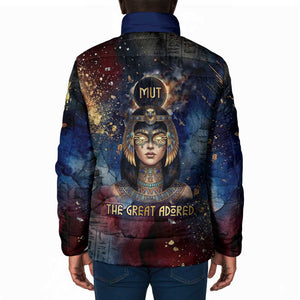 Mut Padded Jacket The Lioness of Thebes Egyptian Goddess Cosmic Crown Adorned Warrior Queen Design