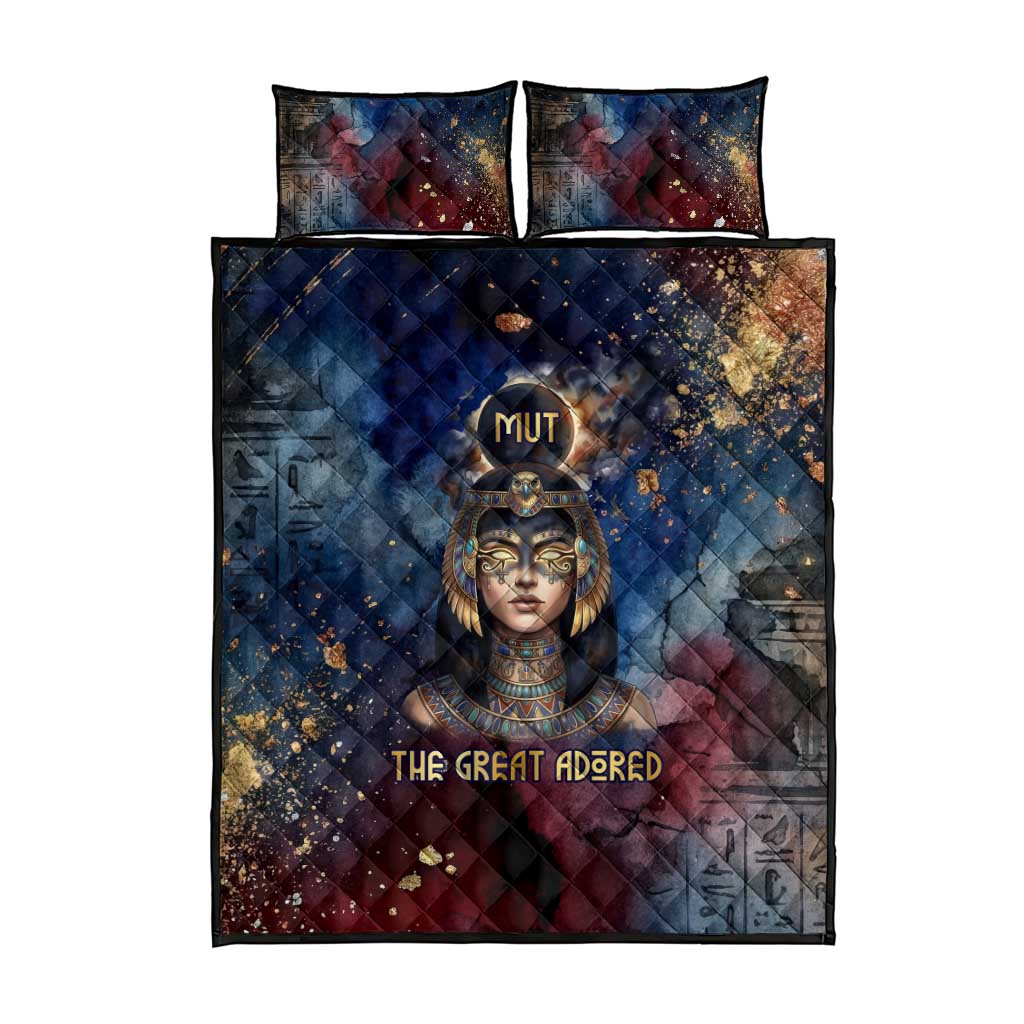 Mut Quilt Bed Set The Lioness of Thebes Egyptian Goddess Cosmic Crown Adorned Warrior Queen Design
