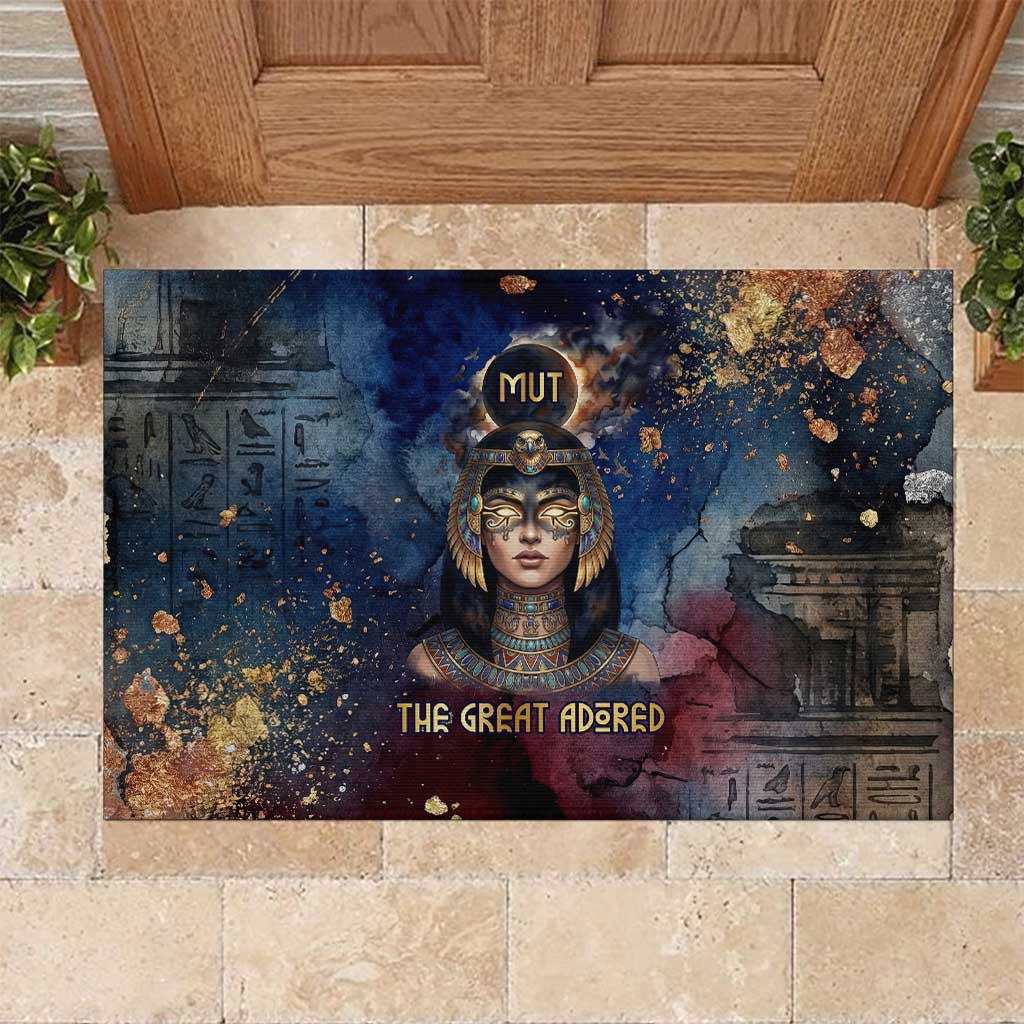 Mut Rubber Doormat The Lioness of Thebes Egyptian Goddess Cosmic Crown Adorned Warrior Queen Design
