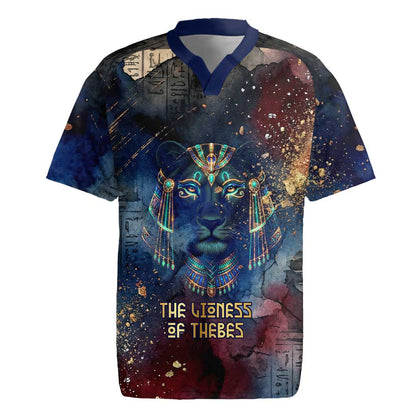 Mut Rugby Jersey The Lioness of Thebes Egyptian Goddess Cosmic Crown Adorned Warrior Queen Design
