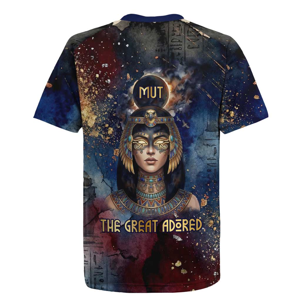 Mut Rugby Jersey The Lioness of Thebes Egyptian Goddess Cosmic Crown Adorned Warrior Queen Design