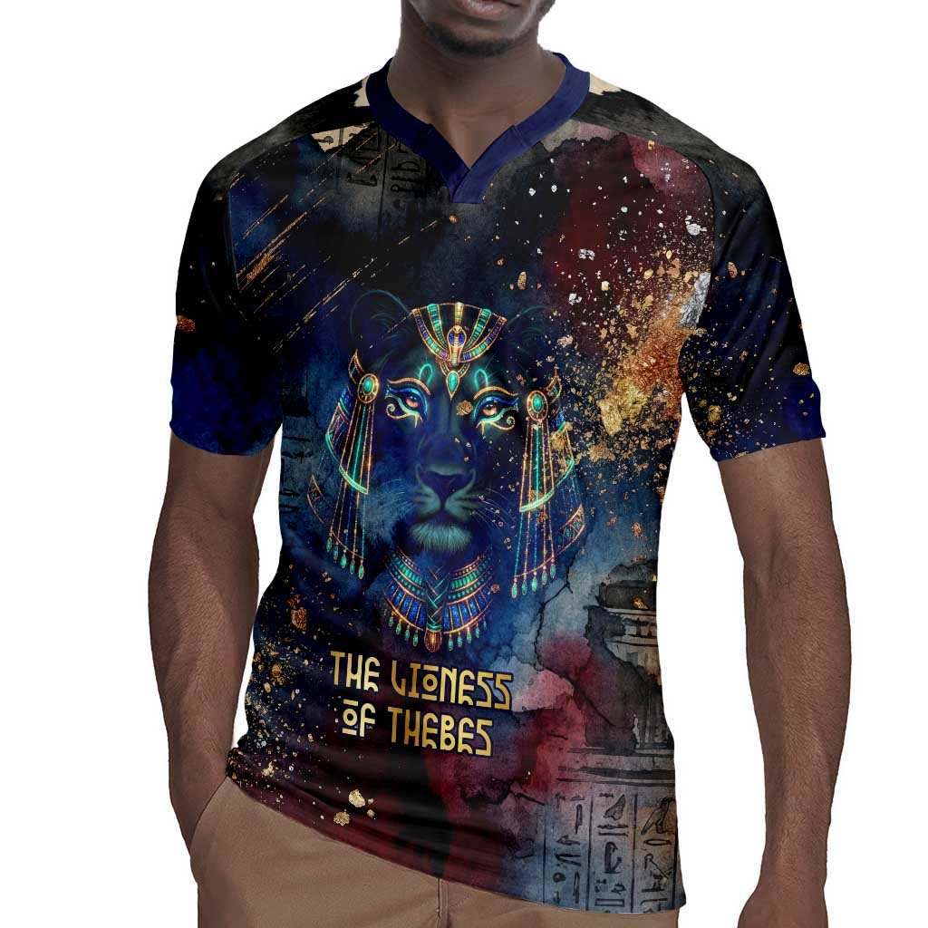 Mut Rugby Jersey The Lioness of Thebes Egyptian Goddess Cosmic Crown Adorned Warrior Queen Design