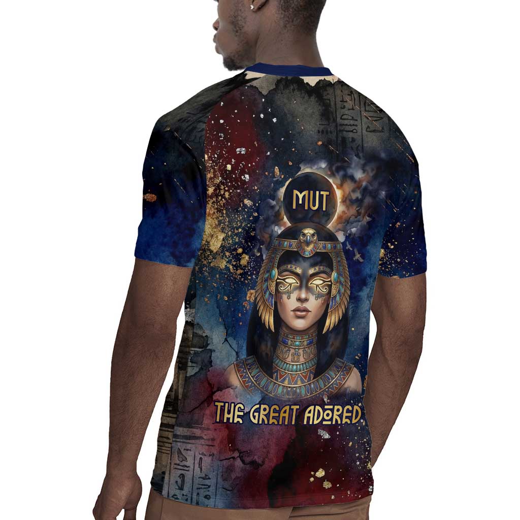 Mut Rugby Jersey The Lioness of Thebes Egyptian Goddess Cosmic Crown Adorned Warrior Queen Design