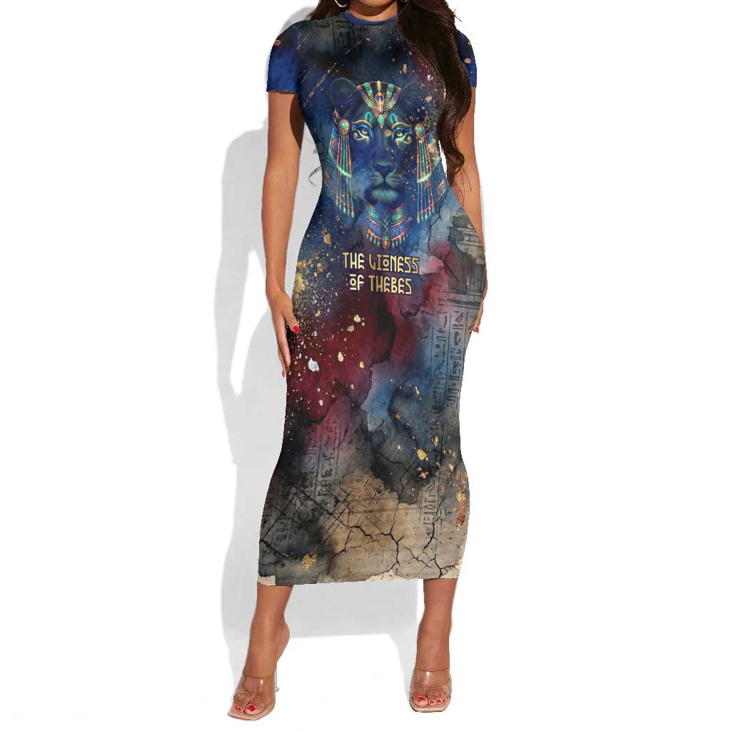 Mut Short Sleeve Bodycon Dress The Lioness of Thebes Egyptian Goddess Cosmic Crown Adorned Warrior Queen Design