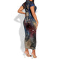 Mut Short Sleeve Bodycon Dress The Lioness of Thebes Egyptian Goddess Cosmic Crown Adorned Warrior Queen Design