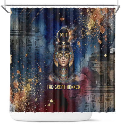 Mut Shower Curtain The Lioness of Thebes Egyptian Goddess Cosmic Crown Adorned Warrior Queen Design