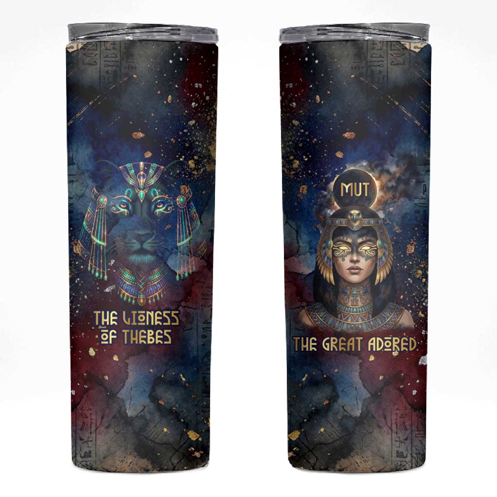 Mut Skinny Tumbler The Lioness of Thebes Egyptian Goddess Cosmic Crown Adorned Warrior Queen Design