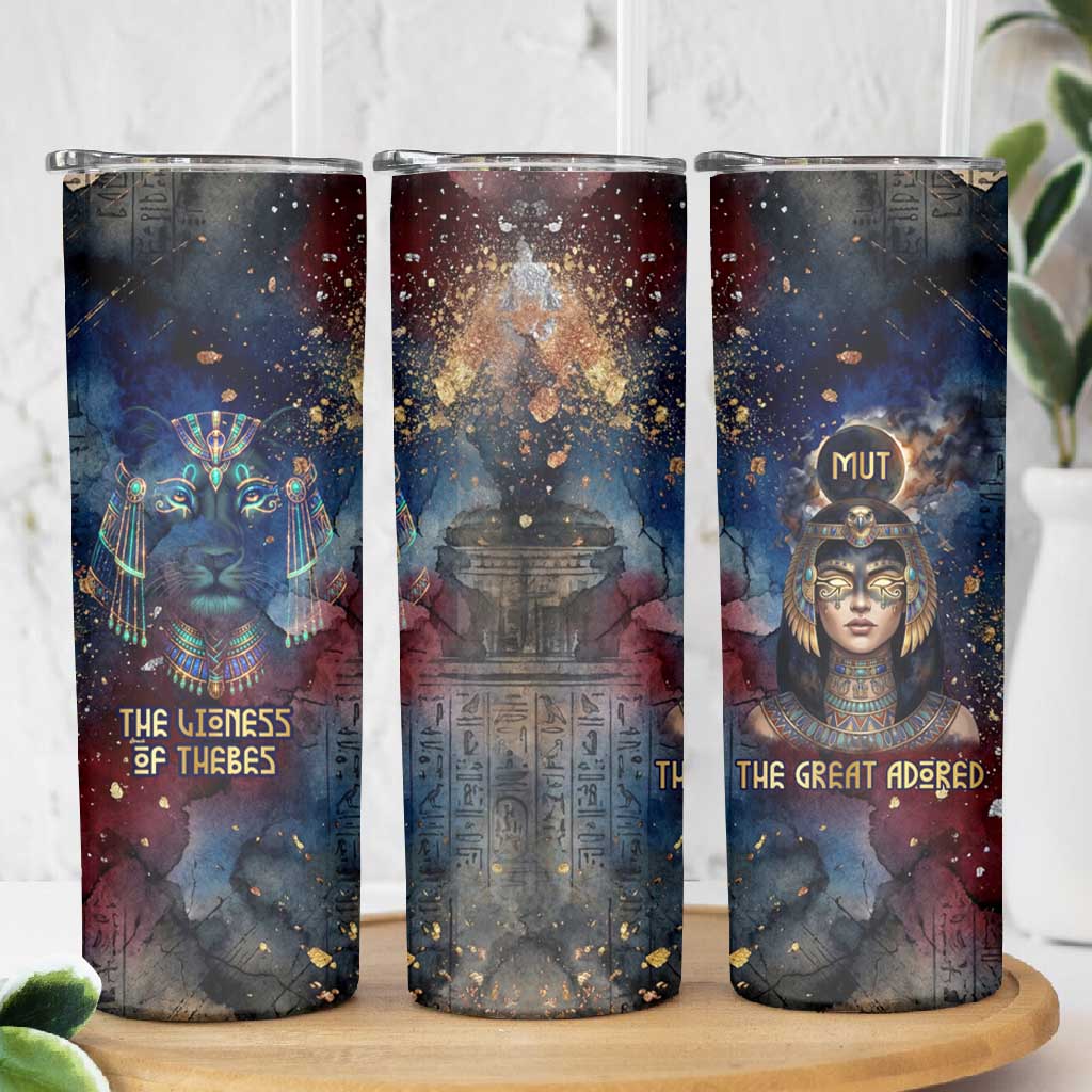 Mut Skinny Tumbler The Lioness of Thebes Egyptian Goddess Cosmic Crown Adorned Warrior Queen Design