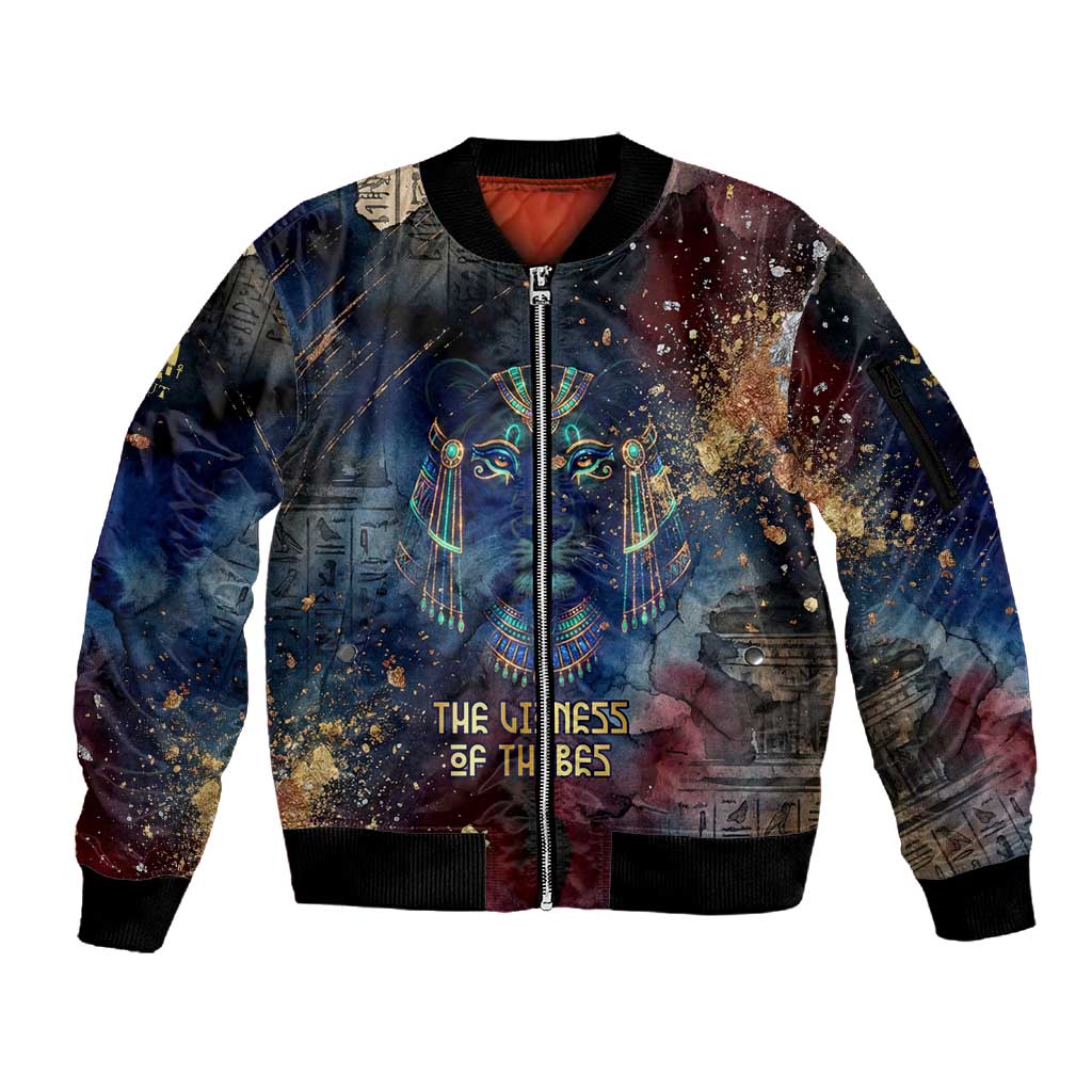 Mut Sleeve Zip Bomber Jacket The Lioness of Thebes Egyptian Goddess Cosmic Crown Adorned Warrior Queen Design