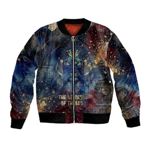 Mut Sleeve Zip Bomber Jacket The Lioness of Thebes Egyptian Goddess Cosmic Crown Adorned Warrior Queen Design