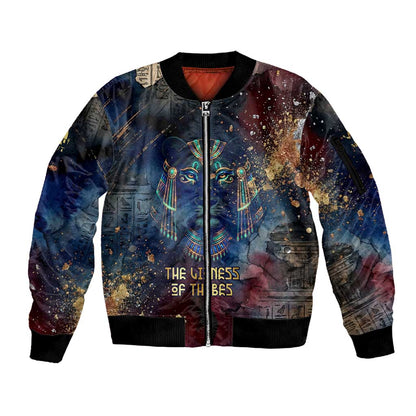 Mut Sleeve Zip Bomber Jacket The Lioness of Thebes Egyptian Goddess Cosmic Crown Adorned Warrior Queen Design