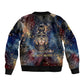 Mut Sleeve Zip Bomber Jacket The Lioness of Thebes Egyptian Goddess Cosmic Crown Adorned Warrior Queen Design