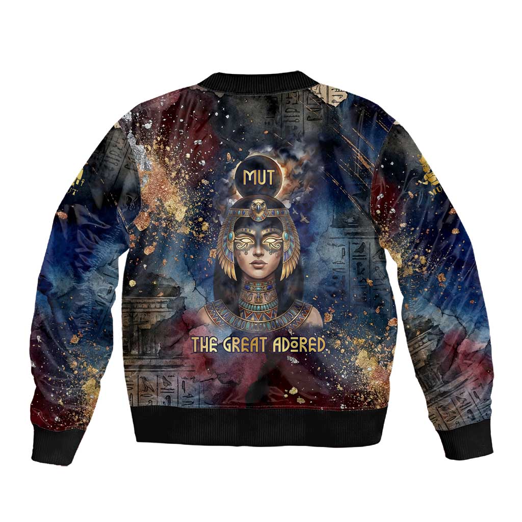 Mut Sleeve Zip Bomber Jacket The Lioness of Thebes Egyptian Goddess Cosmic Crown Adorned Warrior Queen Design